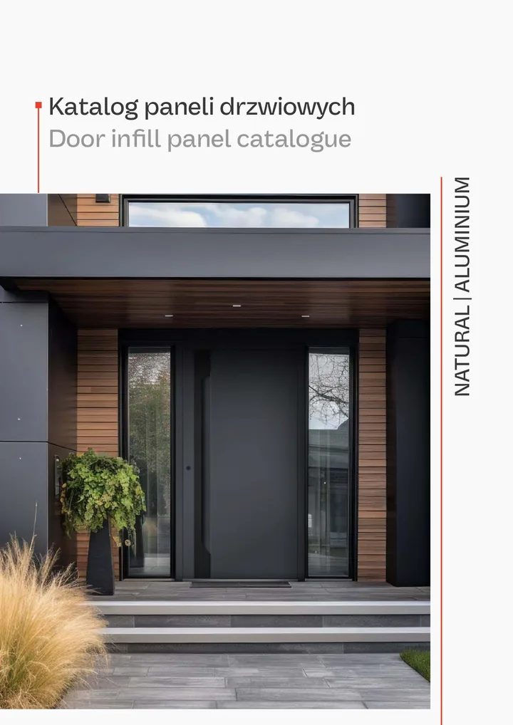 Aluminum Doors catalog cover – dark aluminum entry door with glass sidelights