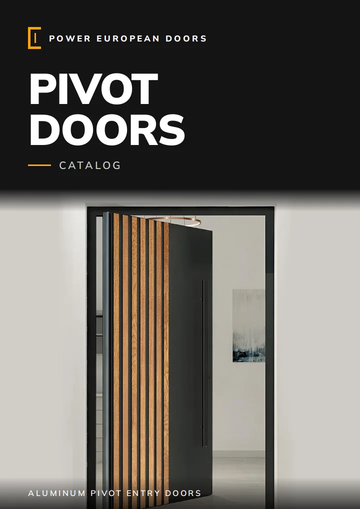 Pivot Doors catalog cover – aluminum pivot entry door with vertical wood slats