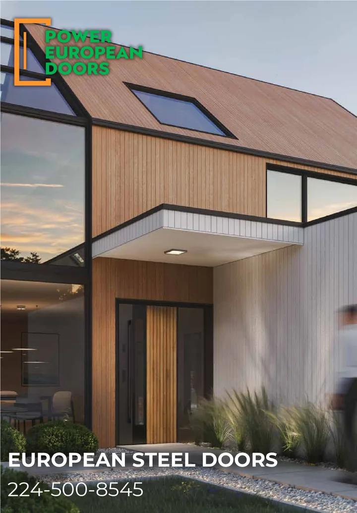 Steel Doors catalog cover – modern steel entry door on a wood-clad house