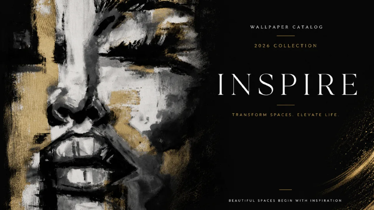Wallpaper Catalog 2026 “Inspire” collection cover – black, white and gold abstract portrait mural
